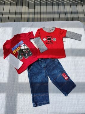 Fisher-Price Red Monster Truck & Athlete Layered-Look Tops with Blue Jeans